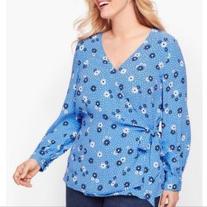Talbots, New, Periwinkle Blue Poet Sleeve Tie Wrap Floral & Dot Blouse Top sz PL